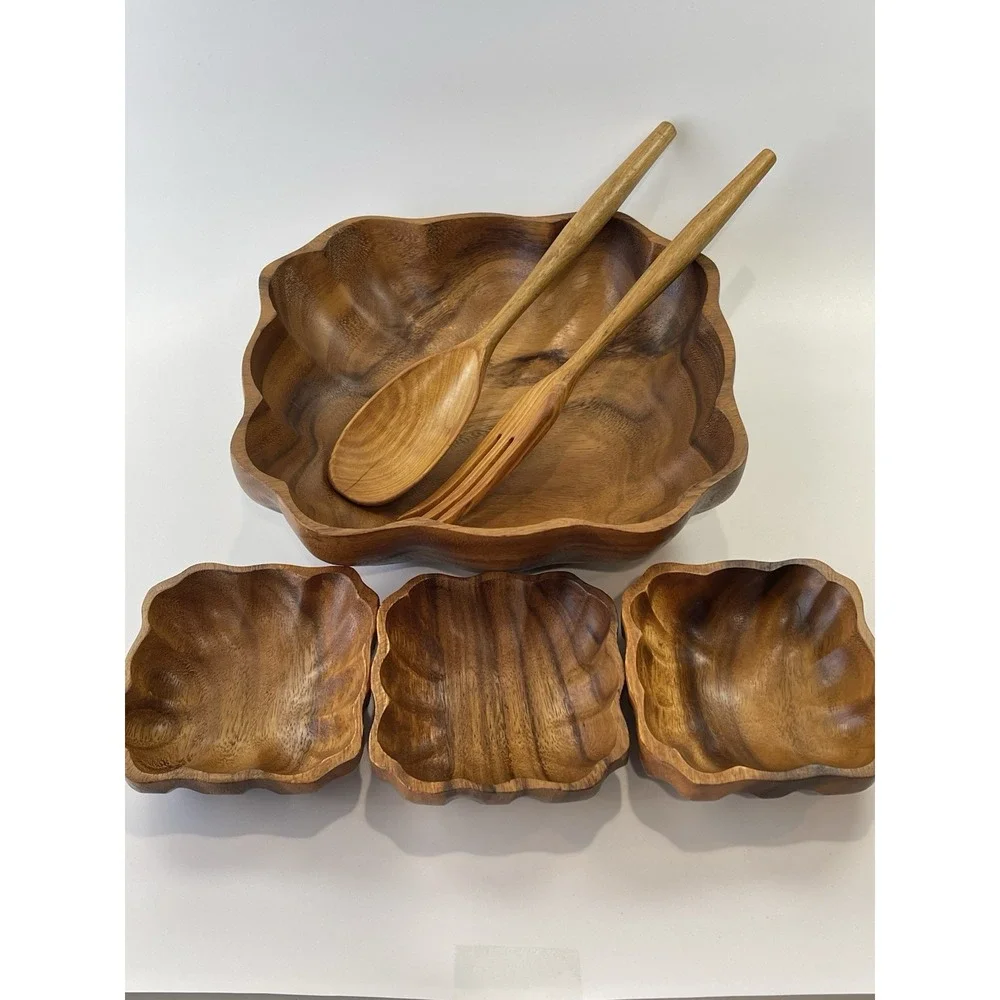 Vintage Monkey Pod Hand Carved Wooden Acacia Salad Bowl Set Serving Utensils